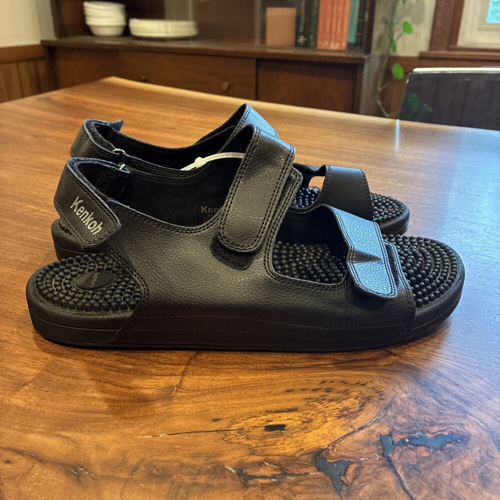 Kenkoh Reflexology Massage Sandal Womens 10‎ / 41 Leather Adjustable Strap Black